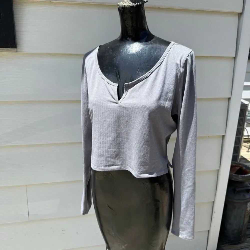 Lululemon Cropped Henley Long Sleeve Heathered Asphalt Grey Crop Top Shirt